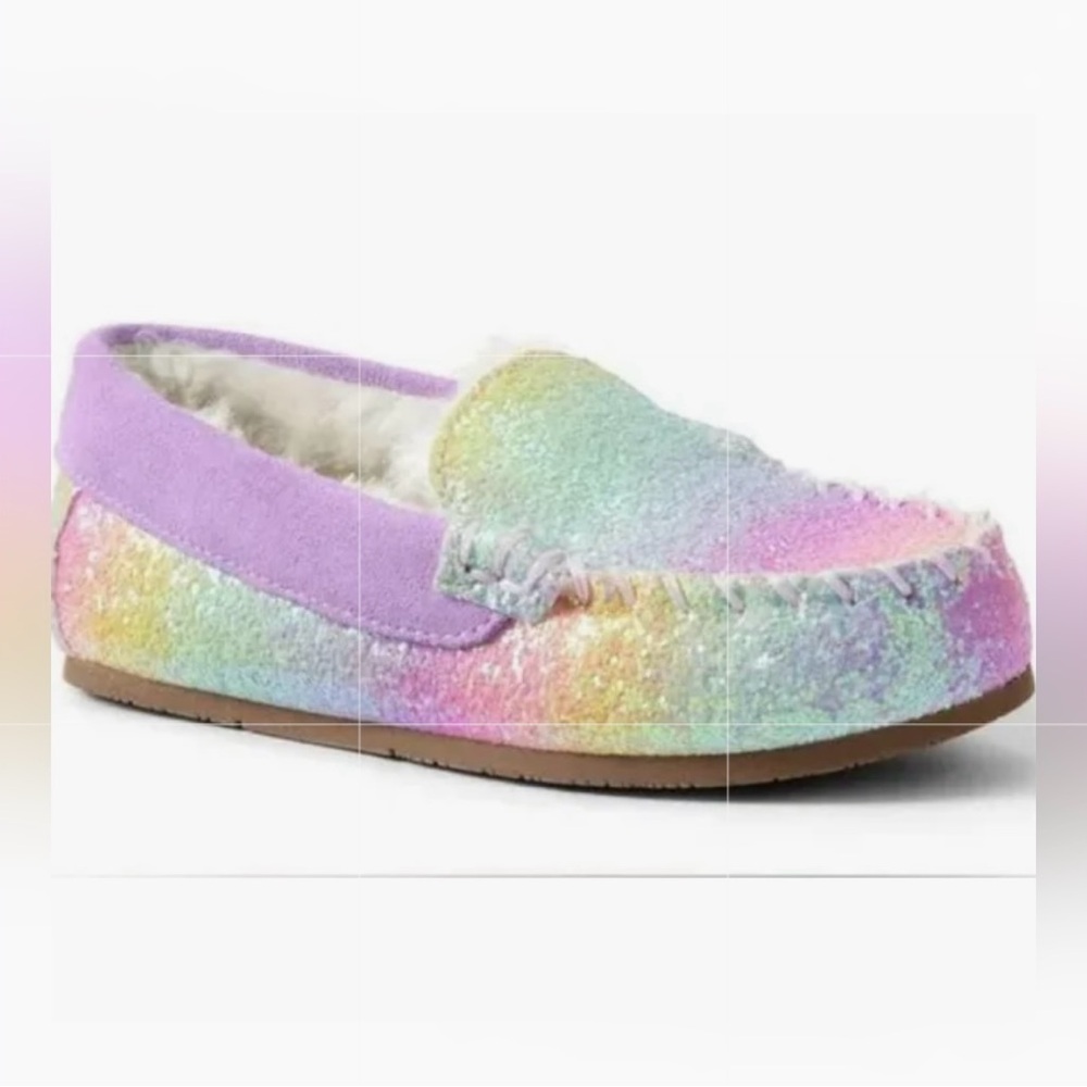 Lands’ End Youth/Adolescent Rainbow Glitter Moccasin Slippers Size 3